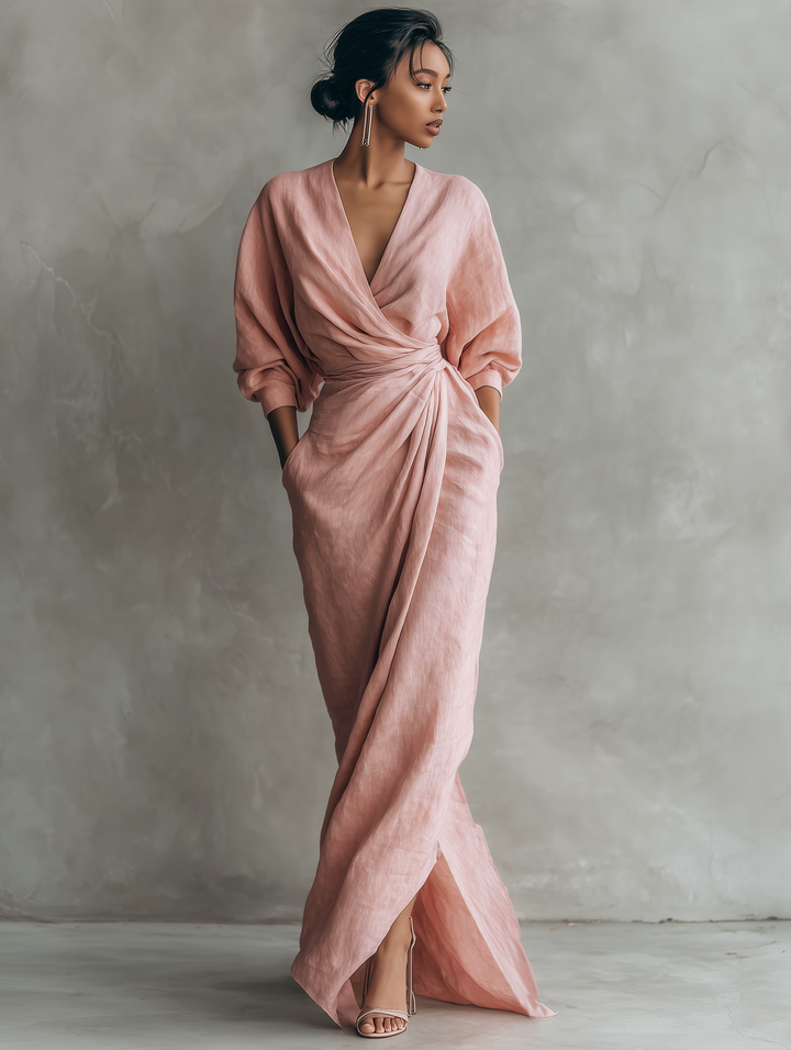 Vestido Maxi Minimalista Rosa con escote en V