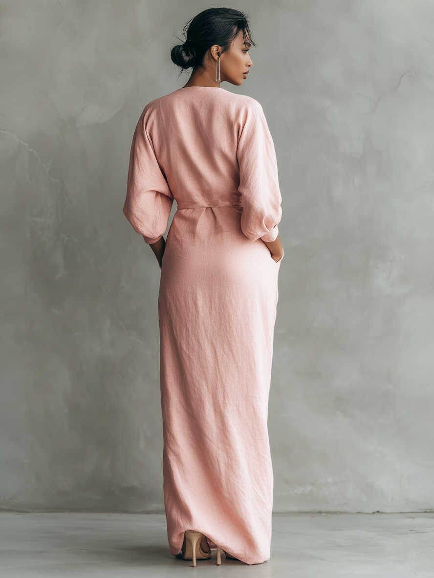 Vestido Maxi Minimalista Rosa con escote en V