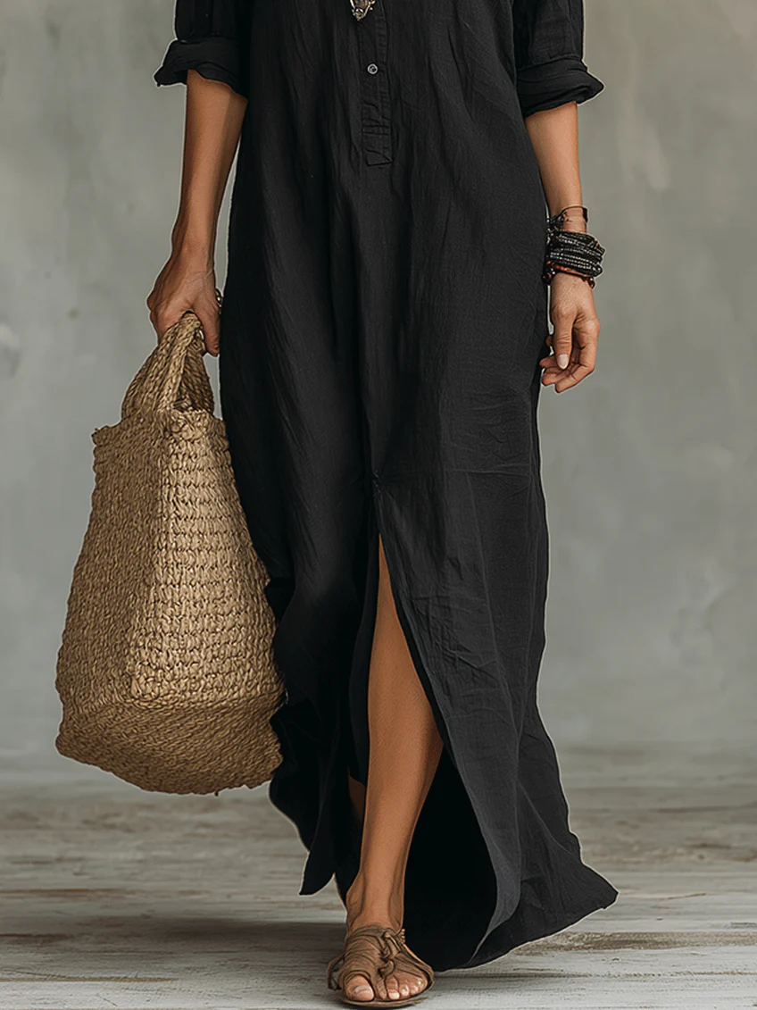 Soline| Vestido Maxi Negro Largo con Botones