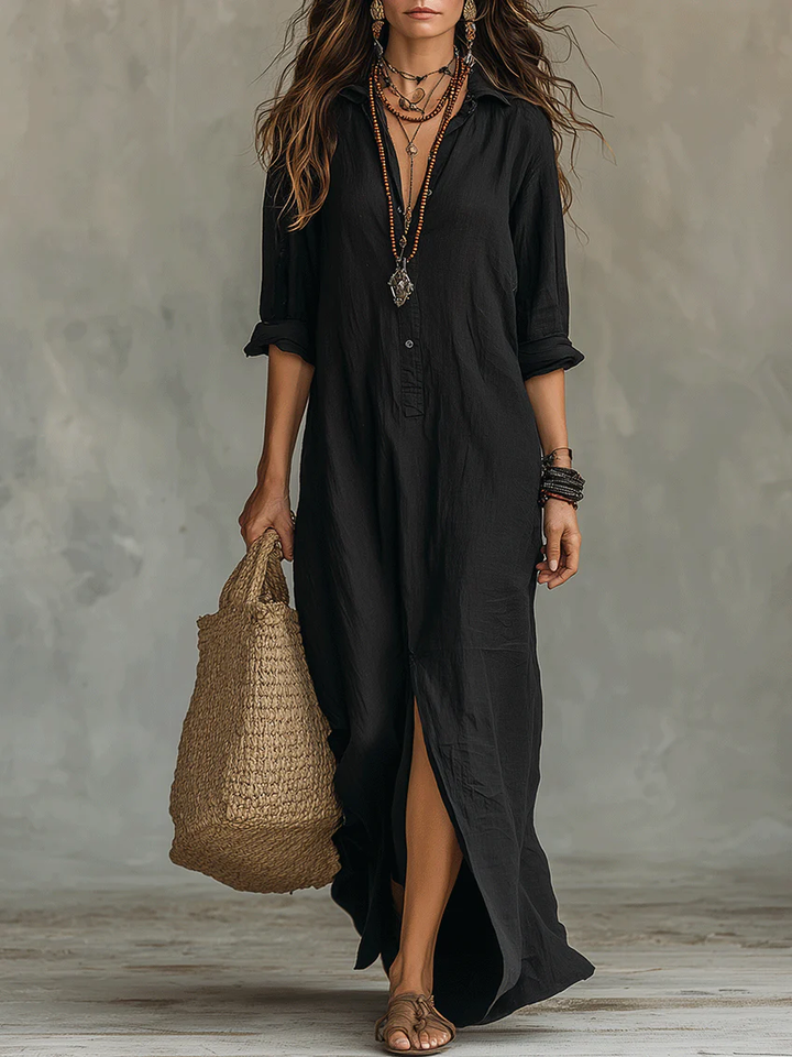 Soline| Vestido Maxi Negro Largo con Botones