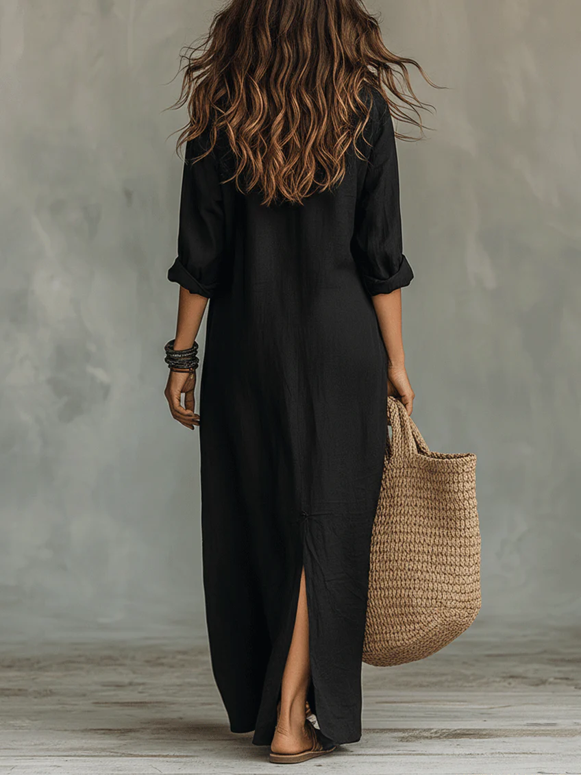 Soline| Vestido Maxi Negro Largo con Botones