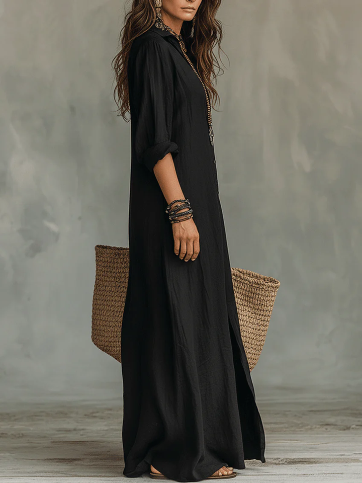 Soline| Vestido Maxi Negro Largo con Botones